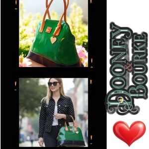 Dooney & Bourke Vintage Patent Leather Dome Tote Green & Black Handbag 12"×16"x7